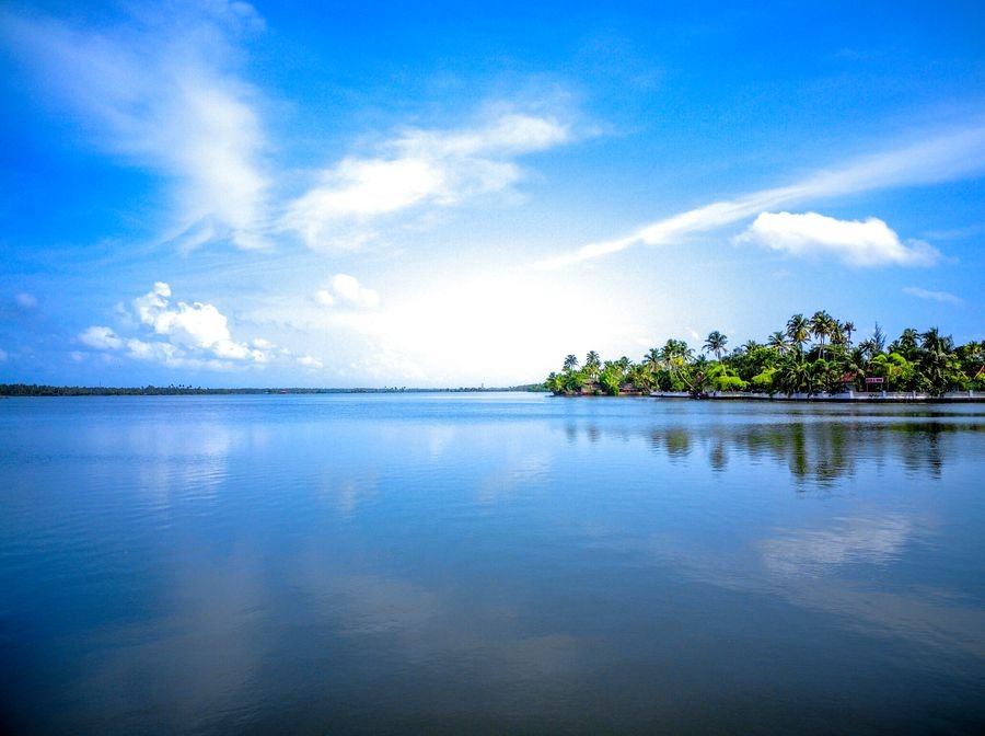 Calm Kerala backwater lake at sunrise